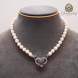 Genuine 7mm Natural White Seawater Pearl Necklace PT950 Platinum Heart Bow - Picture 1 of 17