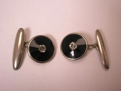 Black with White Rhinestone Vintage Chain Link Cuff Links d179 - Image 1 of 4