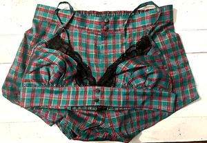 Vintage Gold Crown Victoria Secret Lingerie Shorts & Bra Set Green Plaid Large - Picture 1 of 7