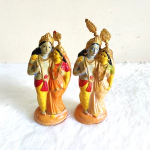 Antiguo par de figuras de terracota pintadas a mano del Señor Krishna Radha raro TC156 - Imagen 1 de 7