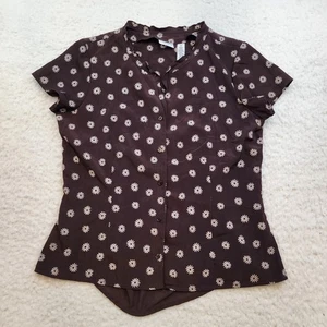 Covington Button Up Semi Sheer Top 12 Brown Daisy Lettuce Leaf Cap Sleeve Y2K - Picture 1 of 10