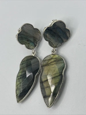 New Real Labradorite Gemstone Silver Plated Dangle  Earrings 2.25" Foto 1 de 4