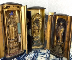 Japanese Antique Wood Carving Buddha Buddhist Statue With Zushi 3Set Retro Junk - Picture 1 of 20