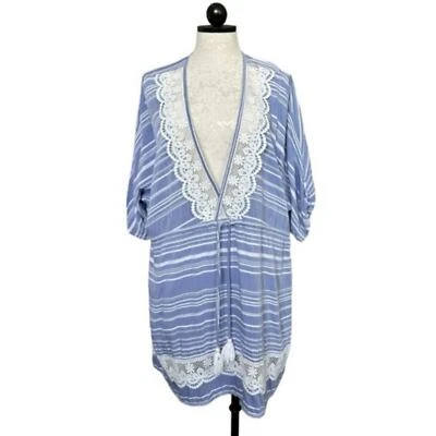 Dotti Tassel Tunic Striped Cover Up Blue White Crocheted Lace Trim Drawstring 1X - Image 1 of 4