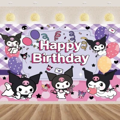 Decoração de fundo de festa de aniversário tema Kuromi, 5x3,5 pés pano de fundo de feliz aniversário - Imagem 1 de 4