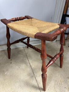 Vintage Rush Seat Stool Wood Saddle Curved Handles Woven Bench 18”T 19.5”W 12”D