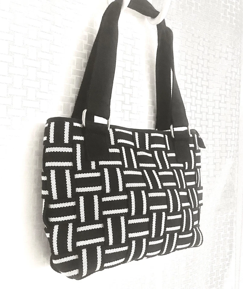 Belvah Black and White Checkered Basket Weave 10"x7" Handbag/18" Drop - Image 1 of 4