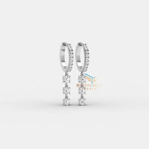 0.99 TCW Round Lab Grown Diamond 14K Gold Three Stone Drop Dangle Earrings - Picture 1 of 9