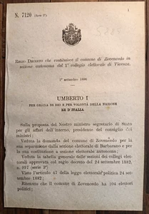 ZOVENCEDO 1890 KÖNIGLICHES DEKRET X WAHLKOLLEGIUM VON VICENZA-5885 - Bild 1 von 1