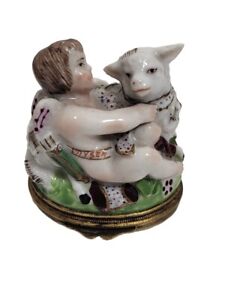 Antique French Porcelain Snuff Box - Depicting a Cherub and a Sheep