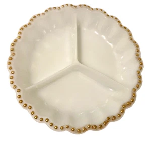 Anchor Hocking Divided Plate 3 Sections White Milk Glass Gold Bead Rim 9" Vtg - Picture 1 of 12