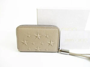 Auth Jimmy Choo Embossed Stars Beige Leather Round Zip Coin Purse #7566 - Picture 1 of 12