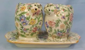 Chintz Salt & Pepper Shakers with Undertray Flowers Porcelain Japan Vintage - Picture 1 of 8