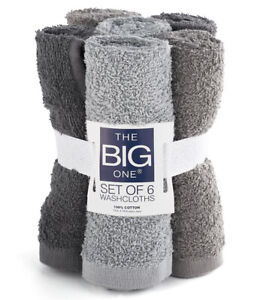 The Big One Set Of 6 Washcloths 13” Gray 100% Cotton New