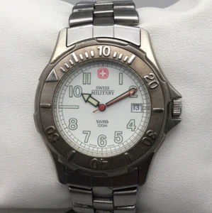 Wenger Swiss Military Watch Men 43mm Silver Tone Date 095.0668 New Battery 7.25" - Picture 1 of 14