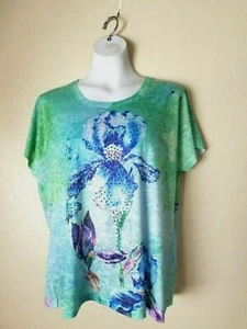 New Direction Damen grün blau Blumen verziert Kurzarm Top Tunika Gr. XL - Bild 1 von 4