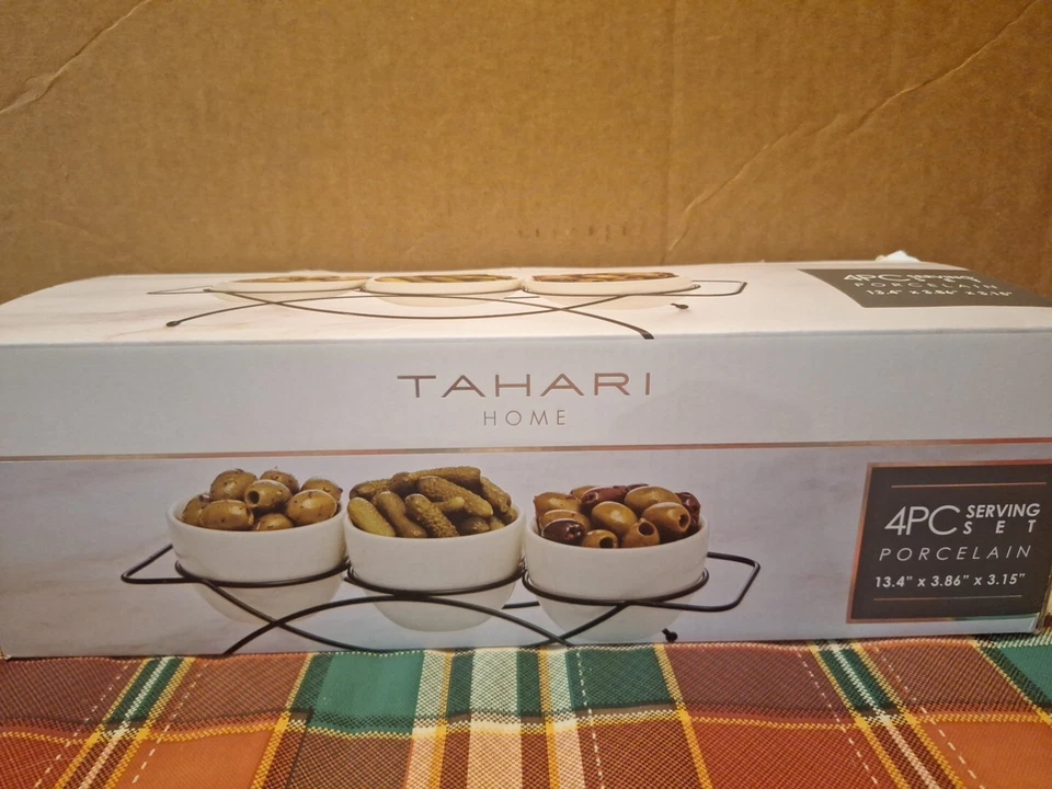 *D) Tahari Home Serving Set 3 Porcelain Bowls with Metal Rack