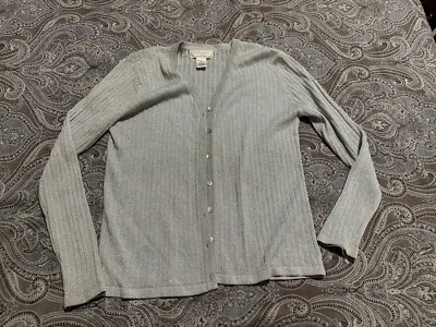 LStudio Works Silver Silk Blend Metallic Knit Cardigan Sweater Women's Size PM - Image 1 of 4
