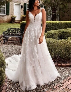 Vestido de novia de tirantes pequeños vestido de novia marfil brillo encaje medida línea A - Imagen 1 de 8