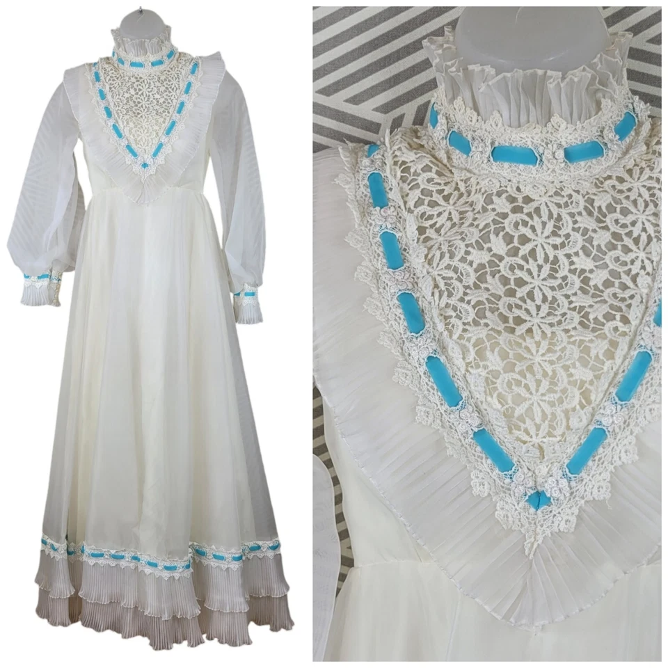 Vintage 60s Victorian Dress Size 2/4 White Lace Blue Puff Prom Ruffle Long maxi - Image 1 of 4