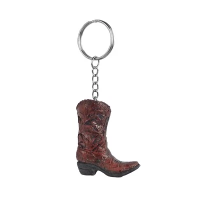 Tiny Cowboy Boot Keychain Key Ring Hand Painted Polyresin Brown Silver Accent - Image 1 of 4