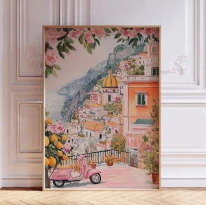 Pink Amalfi Coast Italian Beach Coastal Summer Wall Art Print - Picture 1 of 6