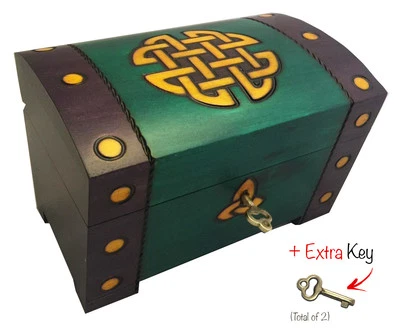 Celtic Gold Knots Chest Box Polish Handmade Wood Keepsake w/ Lock & Key - Image 1 of 4