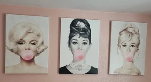 Hepburn Monroe Bardot Pink bubble-gum Wall Art Canvasses (all 3) 70cm x 50cm  - Picture 1 of 6
