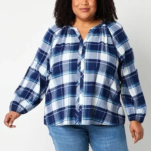 St. John's Bay Damen Plus Schlitz Rundhalsausschnitt Langarm Bluse - 2X - Bild 1 von 3