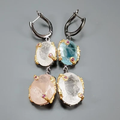 珠宝 35 克拉 + 天然海蓝宝石耳环 925 纯银 /E129972 — 第 1/4 张图片