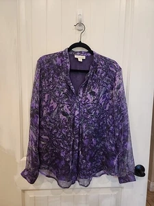 Coldwater Creek Gr. L lila geblümt lang Slv Button Down Chiffon gefüttert Bluse - Bild 1 von 6