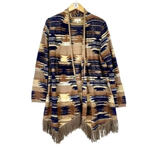 Lucky Brand Southwest Azteken Fransen Strickjacke Pullover Gr. L braun blau vorne offen - Bild 1 von 9