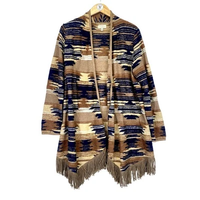 Lucky Brand Southwest Aztec Fringe Cardigan Sweater Sz L Brown Blue Open Front - Image 1 of 4