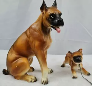 VINTAGE FIGURINE OF A BOXER MOTHER sitting tongue Playful PUPPY Dogs Japan - Picture 1 of 8