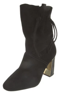 Tory Burch Boots Booties Black Suede Fringe Tassel Logo Slouch Leather Block 5 - Picture 1 of 14