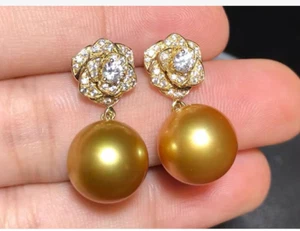 Par 11mm Natural Mar del Sur Oro Genuino Perla Perla Perla Pendientes Colgantes AAA - Imagen 1 de 1