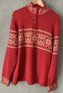 Lands End Mens Sz M Red Nordic Sweater Mock Neck Ski Cotton Snowflake Apres - Picture 1 of 9