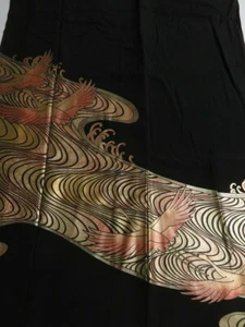 3K01z210 Japanese Kimono Silk Artist work FABRIC Black Rinpa crane 46.5" - Picture 1 of 6