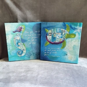 Seahorse And Turtle 12" X 12" Canvas Wall Art Mixed Media Beach Decor Set New - Picture 1 of 6