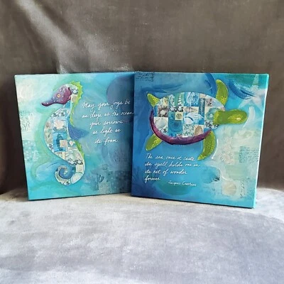 Seahorse And Turtle 12" X 12" Canvas Wall Art Mixed Media Beach Decor Set New - Image 1 of 4
