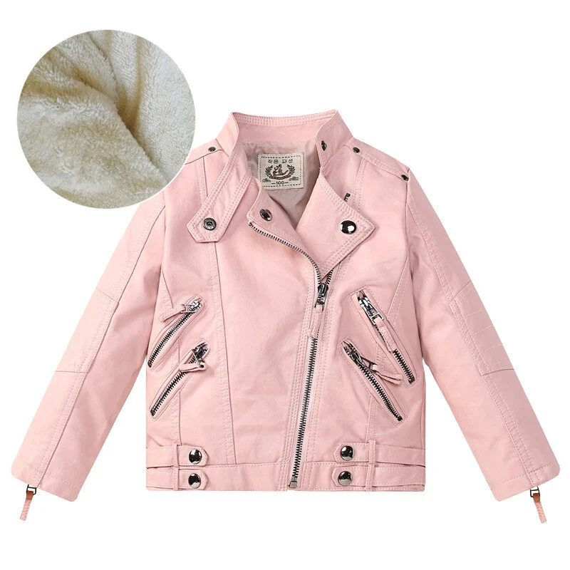 Girls Leather Jacket Spring Autumn Plus Velvet Children PU Kids Zipper Overcoat - Image 1 of 4