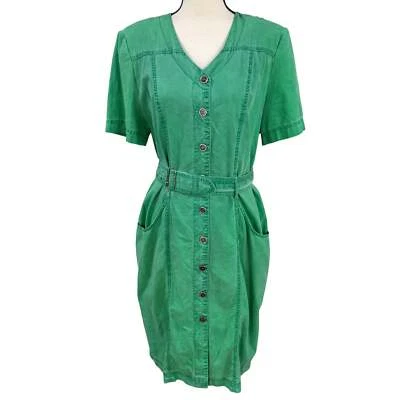 Vestido camisero vintage años 80 Betty Barclay 100 % algodón en verde Kelly talla grande Foto 1 de 4
