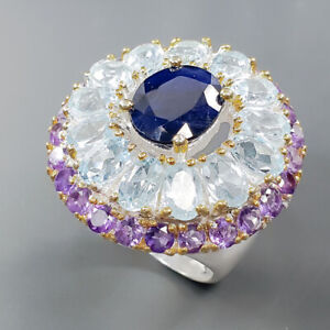 Fine Art Heated Blue Sapphire Ring 925 Sterling Silver Size 6.5 /R273893