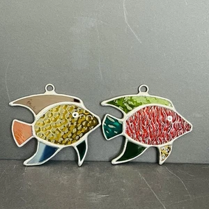 Juego de 2 decoraciones artísticas de metal soldado Suncatcher de vidrieras de peces vintage - Imagen 1 de 11
