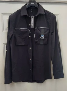 MANIERE DE VOIR MEN'S BLACK  NYLON-ELASTANE ROLLUP LONG SLEEVE SHIRT SIZE M NWT - Picture 1 of 11