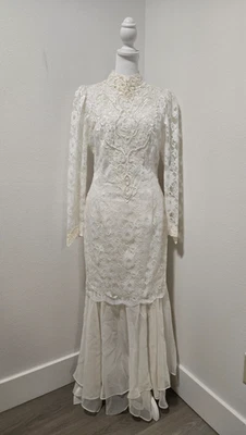 80s IVORY LACE & CHIFFON BEADED VICTORIAN FLARED SKIRT LONG WEDDING DRESS - Image 1 of 4