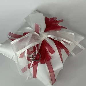 Ring Barrier Pillow Wedding Bridal White and Red with Silver Rings - Picture 1 of 11