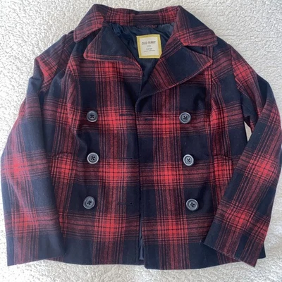 Old Navy Jacket Womens Large Red Blue Plaid Wool Blend Pea Coat Double Breasted - Image 1 of 4