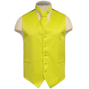 New Brand Q Men's Vest tuxedo waistcoat & Necktie Florescent Yellow formal prom - Picture 1 of 4