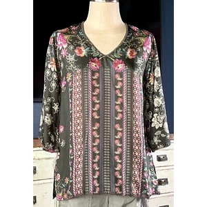Johnny Was Forza Carson 100% Silk Black Pink Floral Blouse Top XS - Picture 1 of 12
